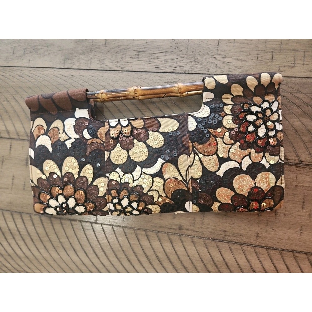 The Limited Handbag Neutral Sequin Floral Clutch Bamboo Handles Mod Chic Coastal - Picture 2 of 16